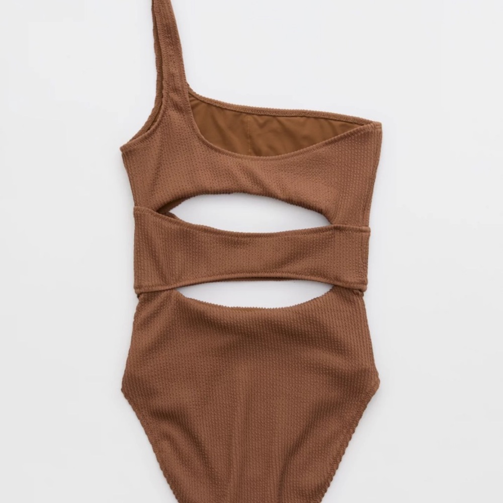 Aerie Brown One-Shoulder Cutout One Piece - Picture 2 of 4
